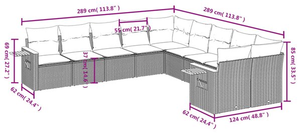 10 részes fekete polyrattan kerti ülőgarnitúra párnákkal