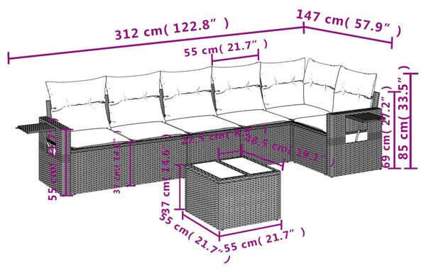 7 részes bézs polyrattan kerti ülőgarnitúra párnákkal