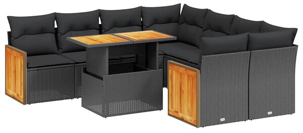 9 részes fekete polyrattan kerti ülőgarnitúra párnákkal