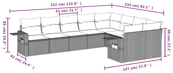 9 részes szürke polyrattan kerti ülőgarnitúra párnákkal