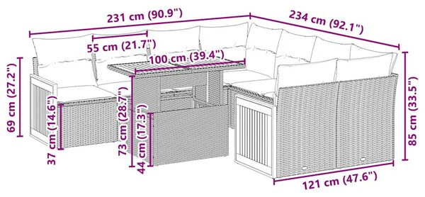 9 részes fekete polyrattan kerti ülőgarnitúra párnákkal
