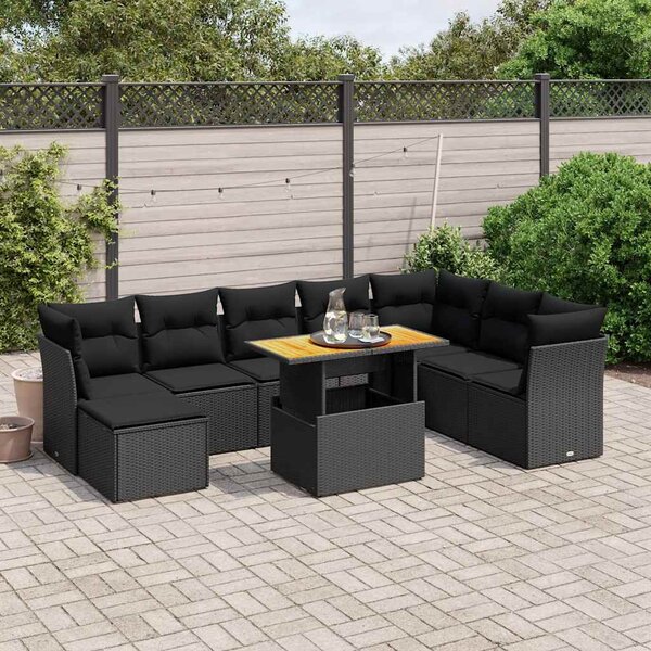 9 részes fekete polyrattan kerti ülőgarnitúra párnákkal