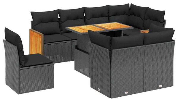 9 részes fekete polyrattan kerti ülőgarnitúra párnákkal
