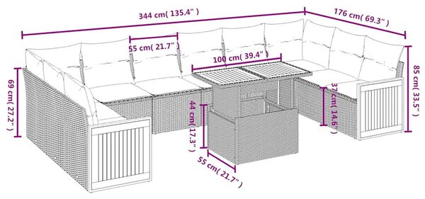 11 részes fekete polyrattan kerti ülőgarnitúra párnákkal