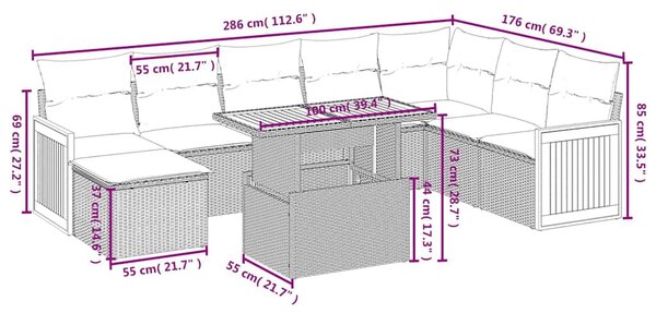 9 részes fekete polyrattan kerti ülőgarnitúra párnákkal