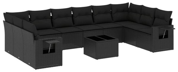 11 részes fekete polyrattan kerti ülőgarnitúra párnákkal