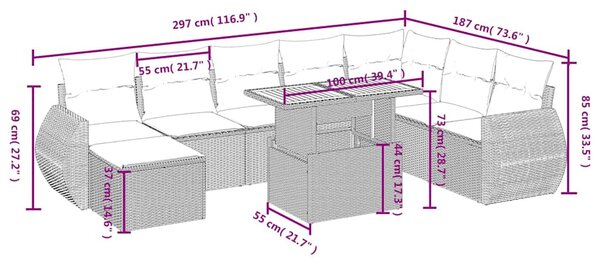 9 részes fekete polyrattan kerti ülőgarnitúra párnákkal