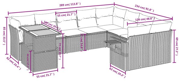 10 részes fekete polyrattan kerti ülőgarnitúra párnákkal