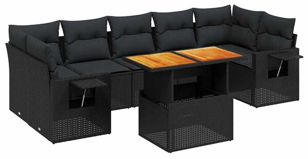 8 részes fekete polyrattan kerti ülőgarnitúra párnákkal