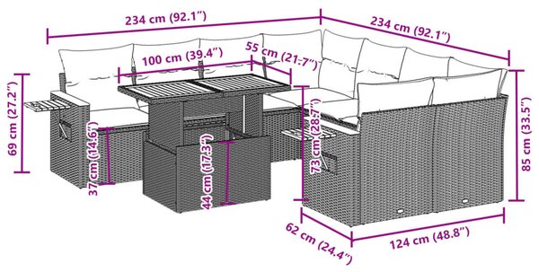 9 részes fekete polyrattan kerti ülőgarnitúra párnákkal
