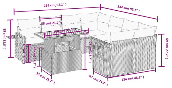 9 részes fekete polyrattan kerti ülőgarnitúra párnákkal