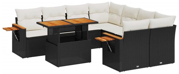 9 részes fekete polyrattan kerti ülőgarnitúra párnákkal