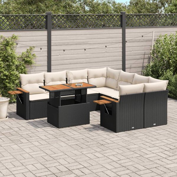 9 részes fekete polyrattan kerti ülőgarnitúra párnákkal