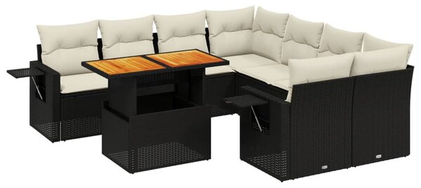 9 részes fekete polyrattan kerti ülőgarnitúra párnákkal