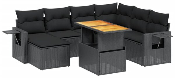 8 részes fekete polyrattan kerti ülőgarnitúra párnákkal