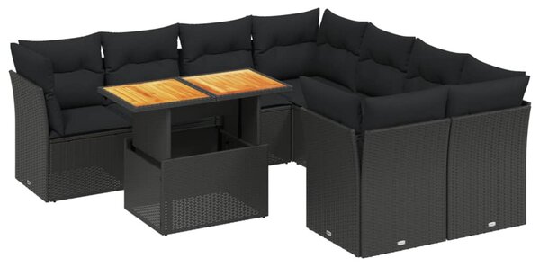 9 részes fekete polyrattan kerti ülőgarnitúra párnákkal