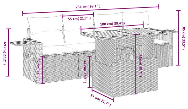 5 részes fekete polyrattan kerti kanapészett párnákkal