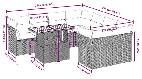 9 részes fekete polyrattan kerti ülőgarnitúra párnákkal