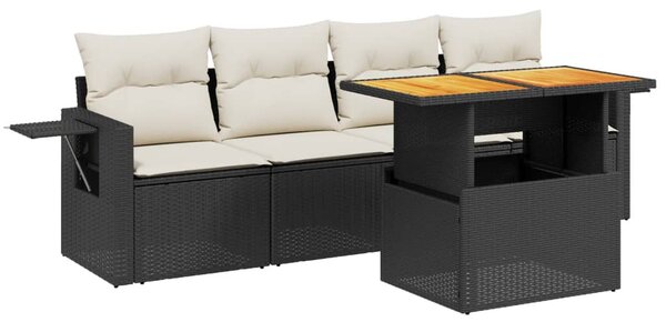 5 részes fekete polyrattan kerti kanapészett párnákkal
