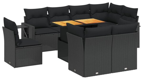 9 részes fekete polyrattan kerti ülőgarnitúra párnákkal