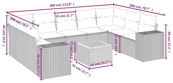 10 részes fekete polyrattan kerti ülőgarnitúra párnákkal