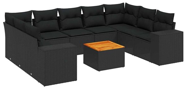 10 részes fekete polyrattan kerti ülőgarnitúra párnákkal