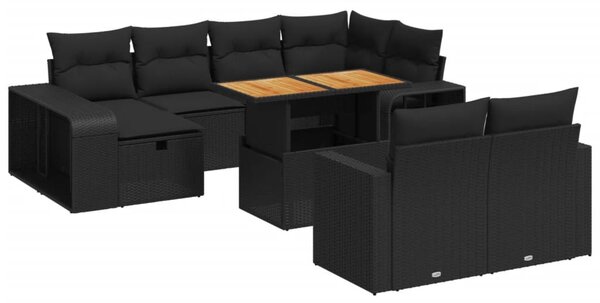 11 részes fekete polyrattan kerti ülőgarnitúra párnákkal