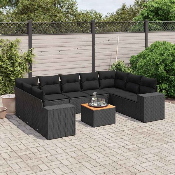 10 részes fekete polyrattan kerti ülőgarnitúra párnákkal