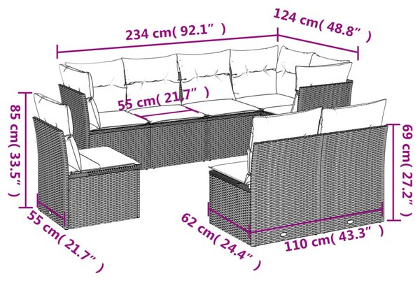 8 részes fekete polyrattan kerti ülőgarnitúra párnákkal