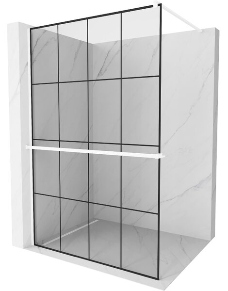 Mexen Kioto+, Walk-In zuhanyparaván polccal és akasztóval 130 x 200 cm, 8 mm átlátszó üveg fekete mintás, fehér profil, 800-130-121-20-77