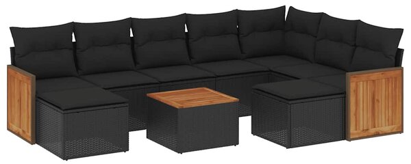 10 részes fekete polyrattan kerti ülőgarnitúra párnákkal