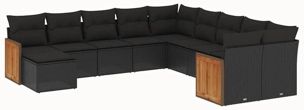 11 részes fekete polyrattan kerti ülőgarnitúra párnákkal