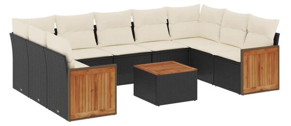 10 részes fekete polyrattan kerti ülőgarnitúra párnákkal