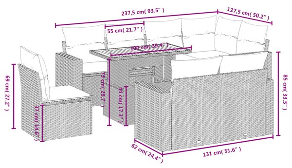 9 részes fekete polyrattan kerti ülőgarnitúra párnákkal