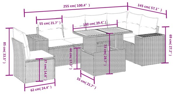 7 részes fekete polyrattan kerti ülőgarnitúra párnával