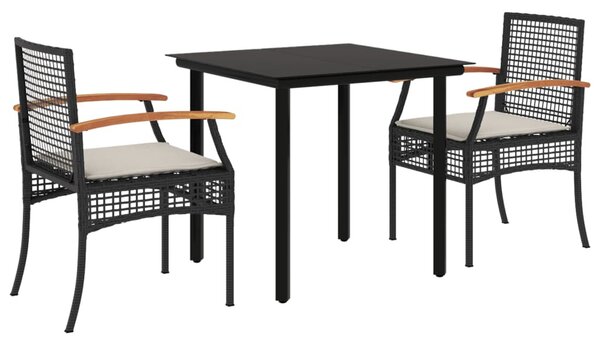 3 részes fekete polyrattan kerti étkezőgarnitúra párnákkal