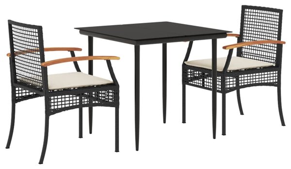 3 részes fekete polyrattan kerti étkezőgarnitúra párnákkal