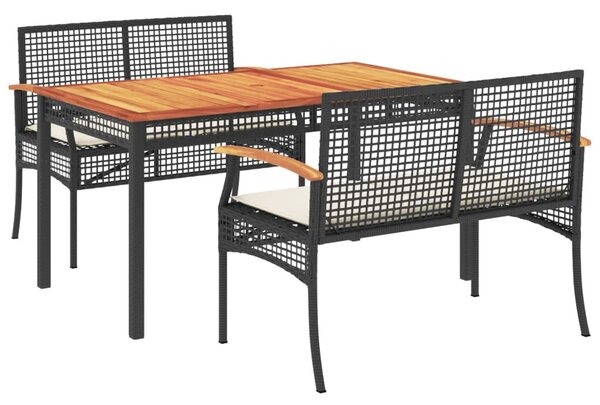 3 részes fekete polyrattan kerti étkezőgarnitúra párnákkal