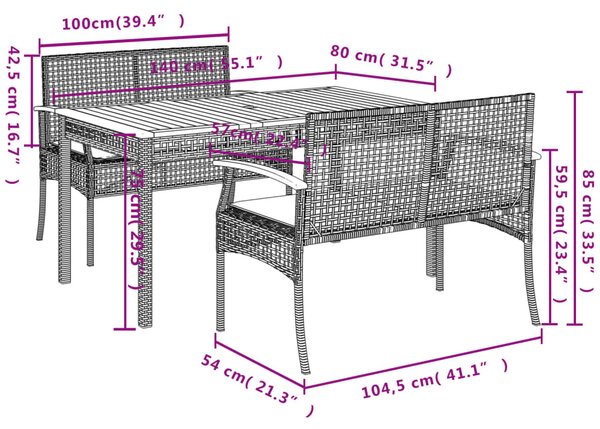 3 részes fekete polyrattan kerti étkezőgarnitúra párnákkal