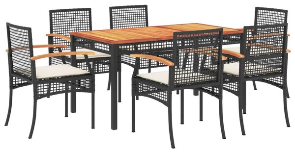 7 részes fekete polyrattan kerti étkezőgarnitúra párnával