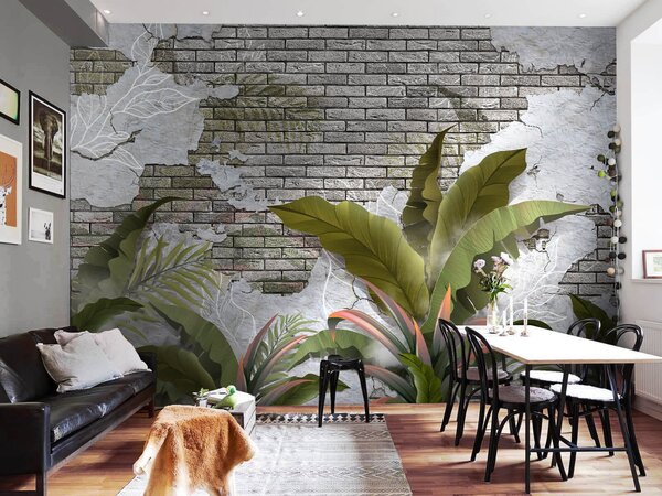 Fotótapéta Téglafal levelekkel és téglafal, Modern fotótapéta, Modern fotótapéta, u59823 - Muralas.hu
