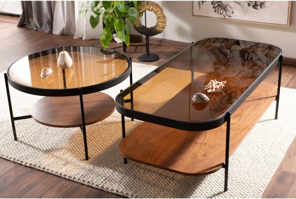 Prima B Kerek Dohányzóasztal Edzett Borostyán Üveg Diófa Fekete