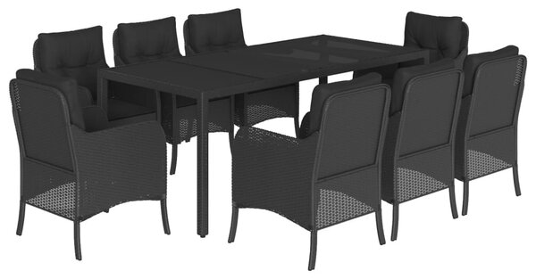 9 részes fekete polyrattan kerti étkezőgarnitúra párnákkal
