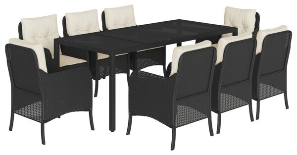 9 részes fekete polyrattan kerti étkezőgarnitúra párnákkal