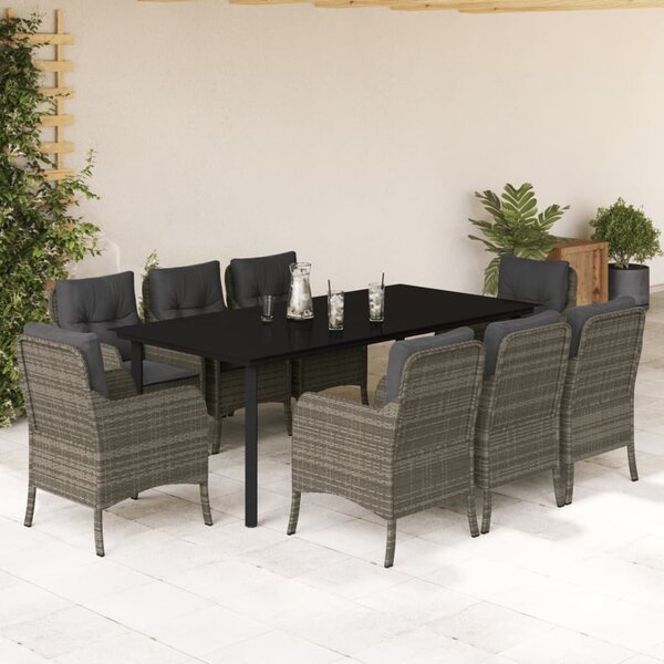 9 részes szürke polyrattan kerti étkezőgarnitúra párnával