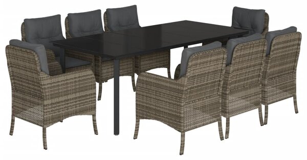 9 részes szürke polyrattan kerti étkezőgarnitúra párnával