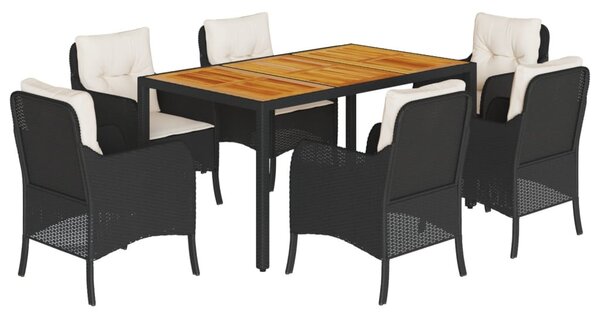 7 részes fekete polyrattan kerti étkezőgarnitúra párnával