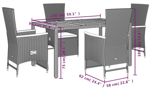 5 részes fekete polyrattan kerti étkezőgarnitúra párnákkal