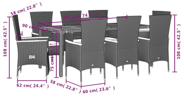 7 részes fekete polyrattan kerti étkezőgarnitúra párnával