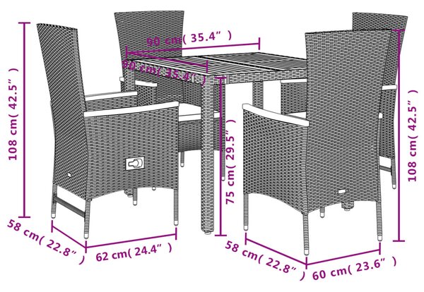 5 részes fekete polyrattan kerti étkezőgarnitúra párnákkal